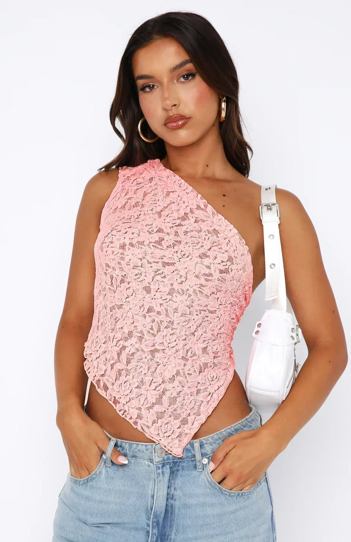 Damen Asymmetrisches Schulter-Top mit Spitzenmuster und diagonalem Saum