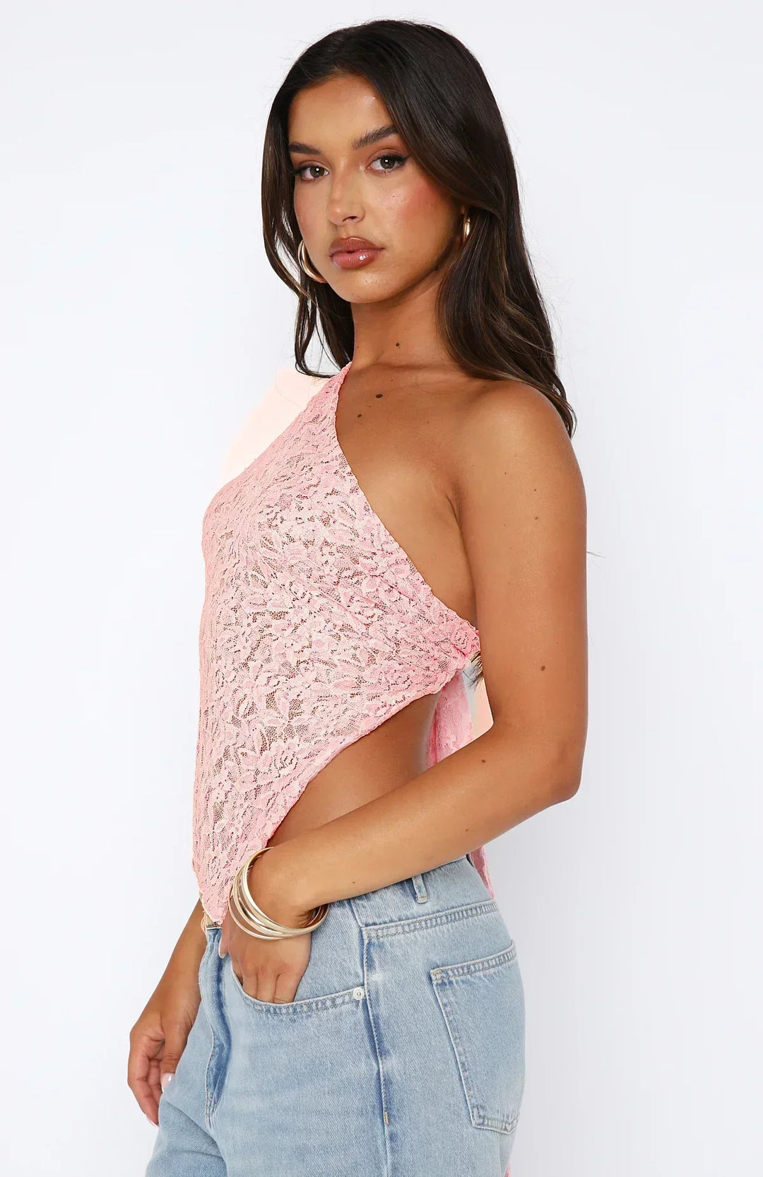Damen Asymmetrisches Schulter-Top mit Spitzenmuster und diagonalem Saum