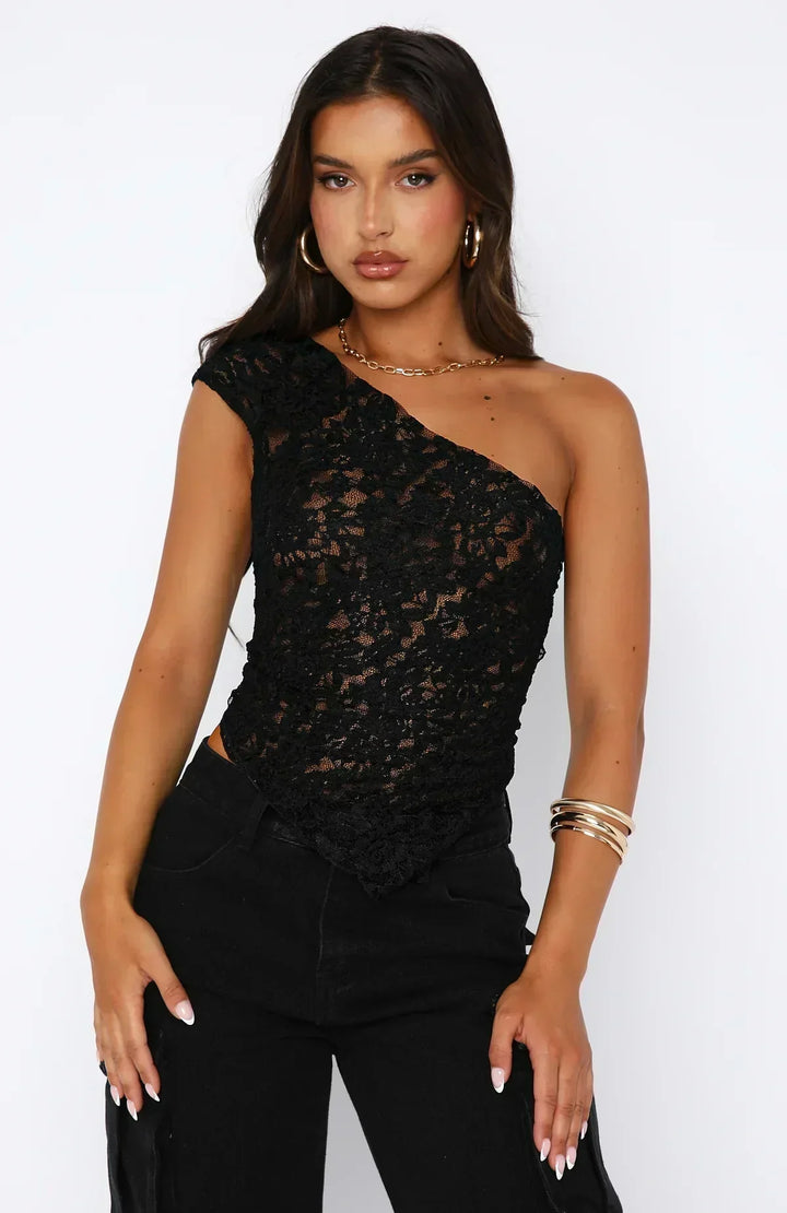 Damen Asymmetrisches Schulter-Top mit Spitzenmuster und diagonalem Saum