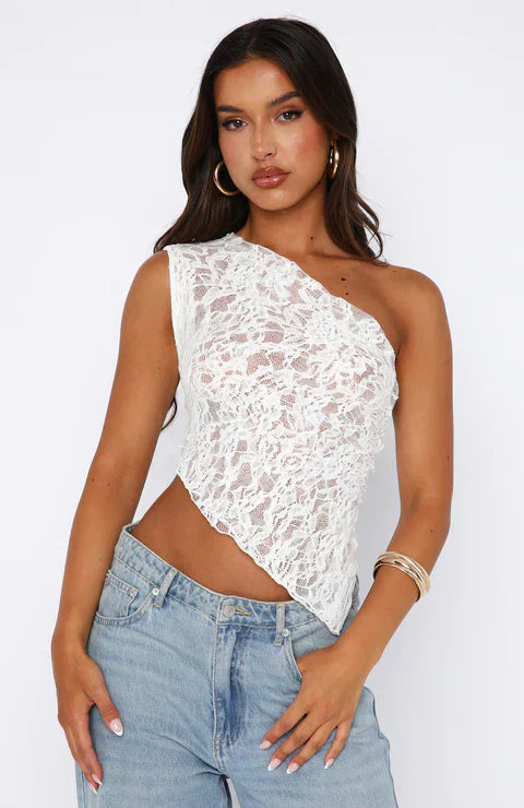 Damen Asymmetrisches Schulter-Top mit Spitzenmuster und diagonalem Saum