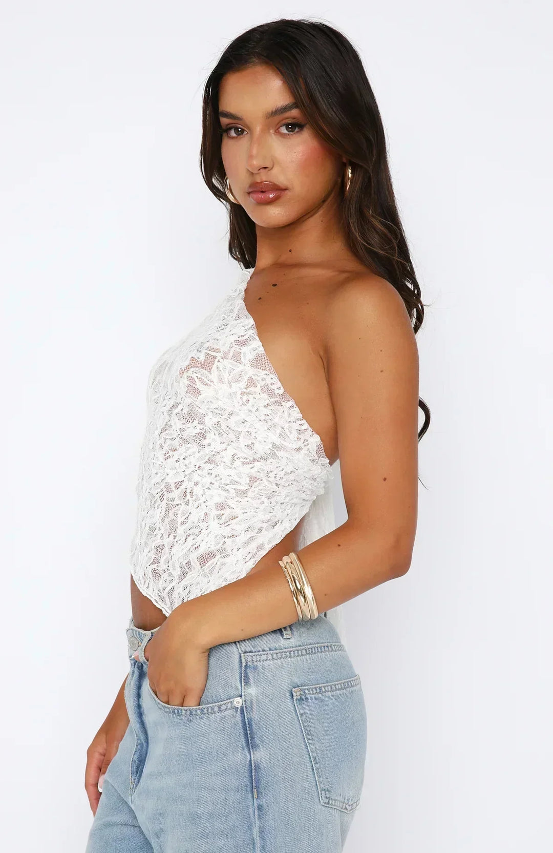 Damen Asymmetrisches Schulter-Top mit Spitzenmuster und diagonalem Saum