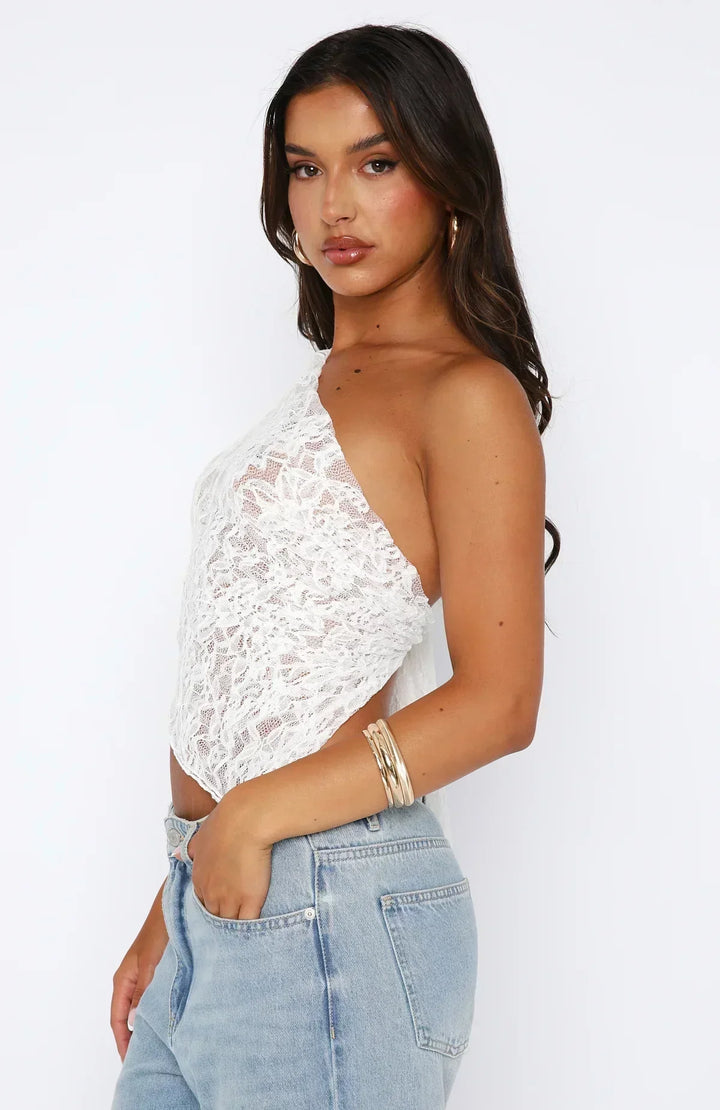 Damen Asymmetrisches Schulter-Top mit Spitzenmuster und diagonalem Saum