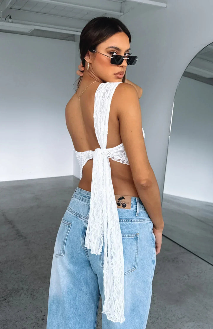 Damen Asymmetrisches Schulter-Top mit Spitzenmuster und diagonalem Saum