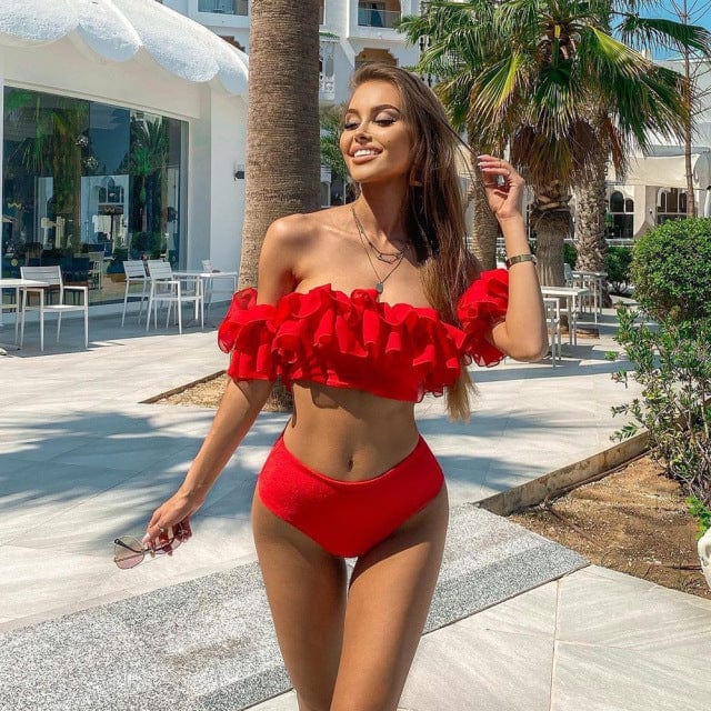Damen Bademode Zweiteiliger Schulterfreier Bikini mit Rüschenoberteil und Hochtailliertem Unterteil