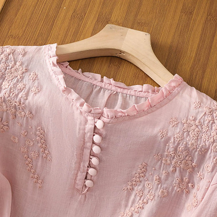 Damen Bestickte Hemdbluse mit Gerüschtem Rundhalsausschnitt und Dreiviertelärmeln