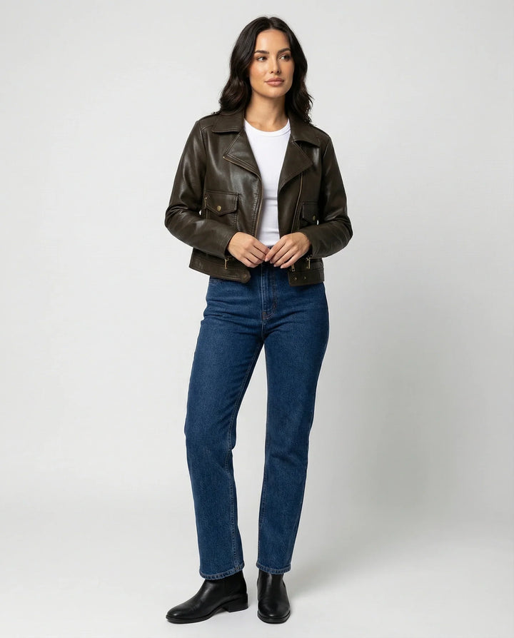 Damen Bikerjacke mit Schrägem Reißverschluss und Reverskragen-Women Sweaters-Alpenkind