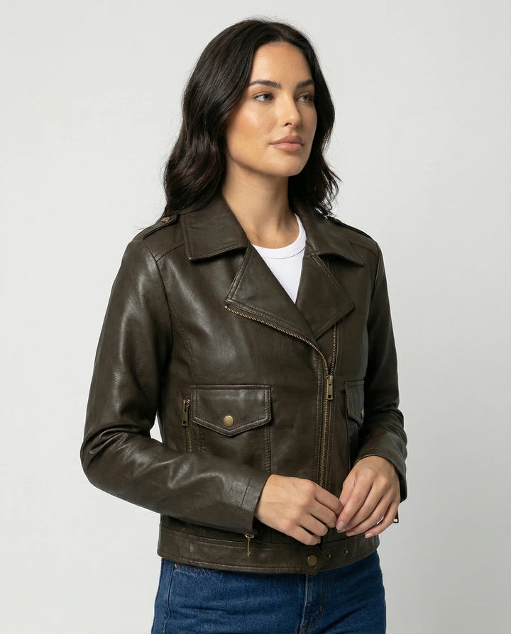 Damen Bikerjacke mit Schrägem Reißverschluss und Reverskragen-Women Sweaters-Alpenkind
