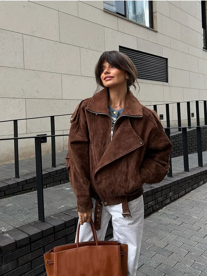 Damen Bikerjacke mit übergroßem Reverskragen und diagonalem Reißverschluss
