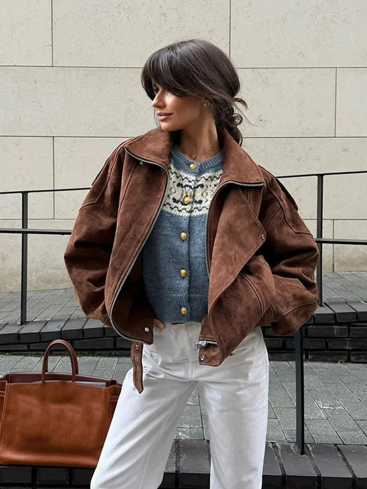 Damen Bikerjacke mit übergroßem Reverskragen und diagonalem Reißverschluss