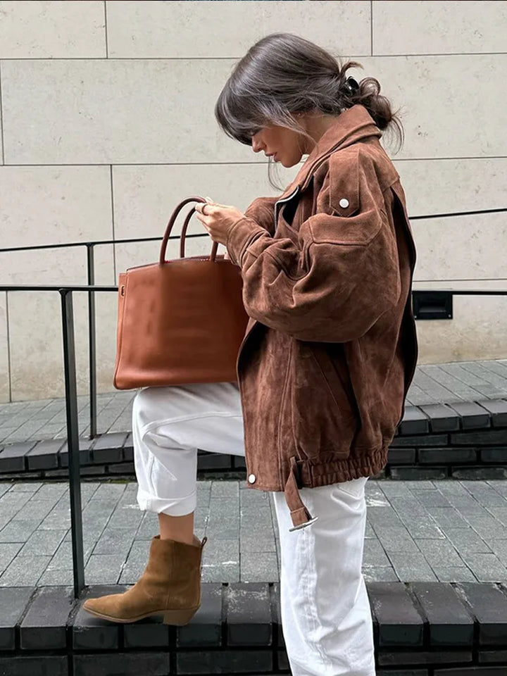 Damen Bikerjacke mit übergroßem Reverskragen und diagonalem Reißverschluss