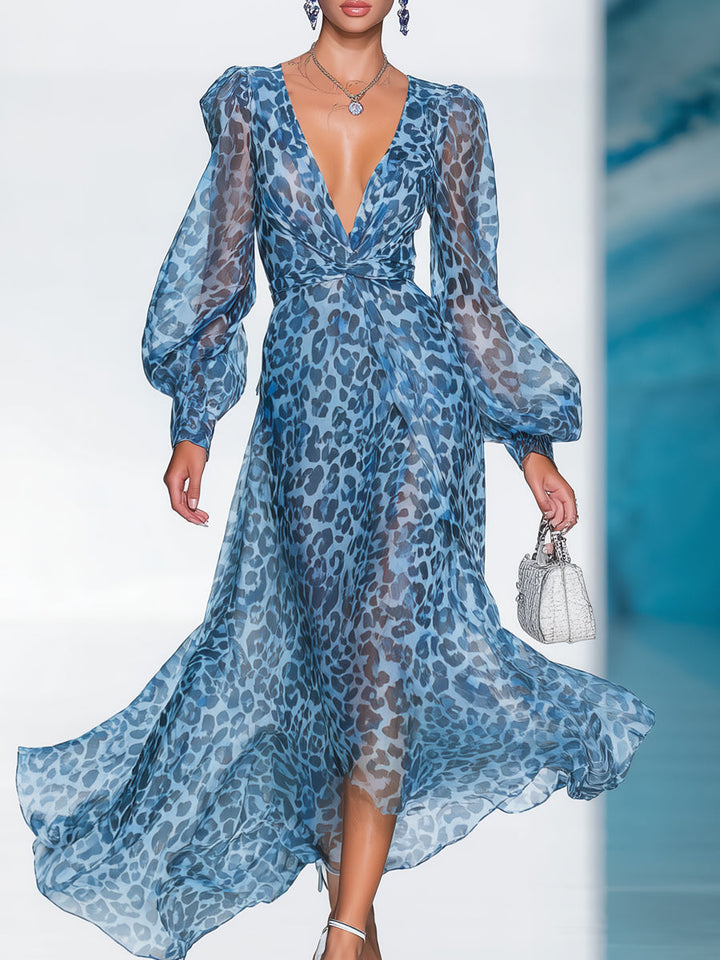 Damen Blaues Maxikleid mit Leopardenmuster und Tiefem V-Ausschnitt mit Ballonärmeln