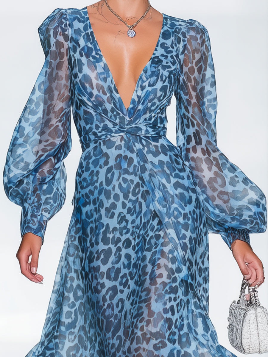 Damen Blaues Maxikleid mit Leopardenmuster und Tiefem V-Ausschnitt mit Ballonärmeln
