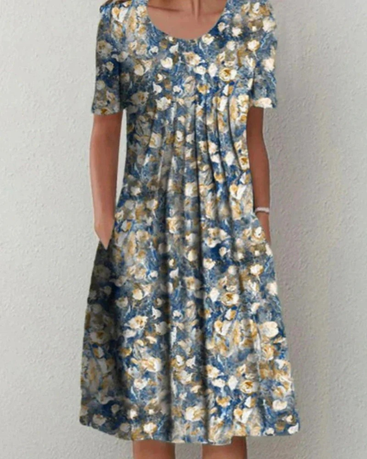 Damen Blumen Sommerkleid Kurzarm mit Taschen | Midi Kleid
