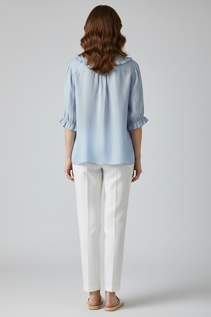 Damen Bluse mit Knopfleiste, Rundkragen und gerafften Ärmeln-Women Shirt-Alpenkind