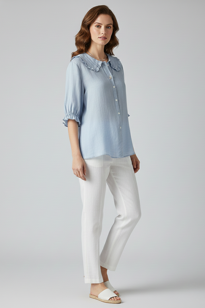 Damen Bluse mit Knopfleiste, Rundkragen und gerafften Ärmeln-Women Shirt-Alpenkind