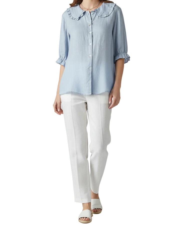 Damen Bluse mit Knopfleiste, Rundkragen und gerafften Ärmeln-Women Shirt-Alpenkind