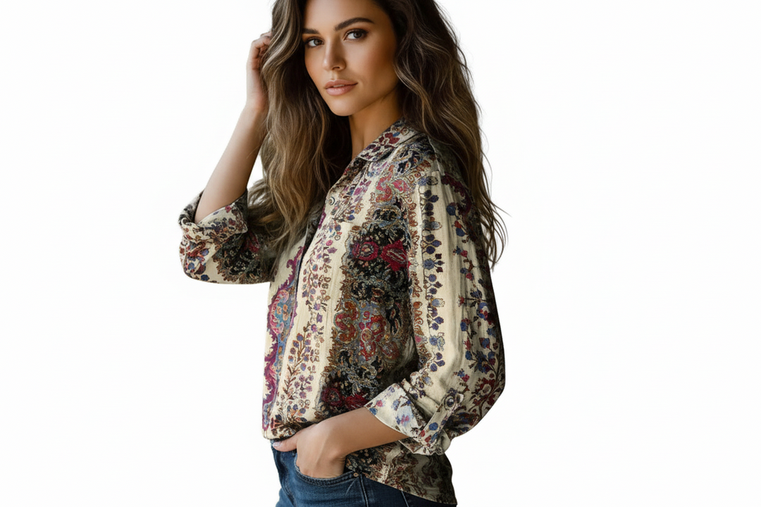 Damen Bluse mit Ornamentdruck und Knopfleiste-Women Shirt-Alpenkind