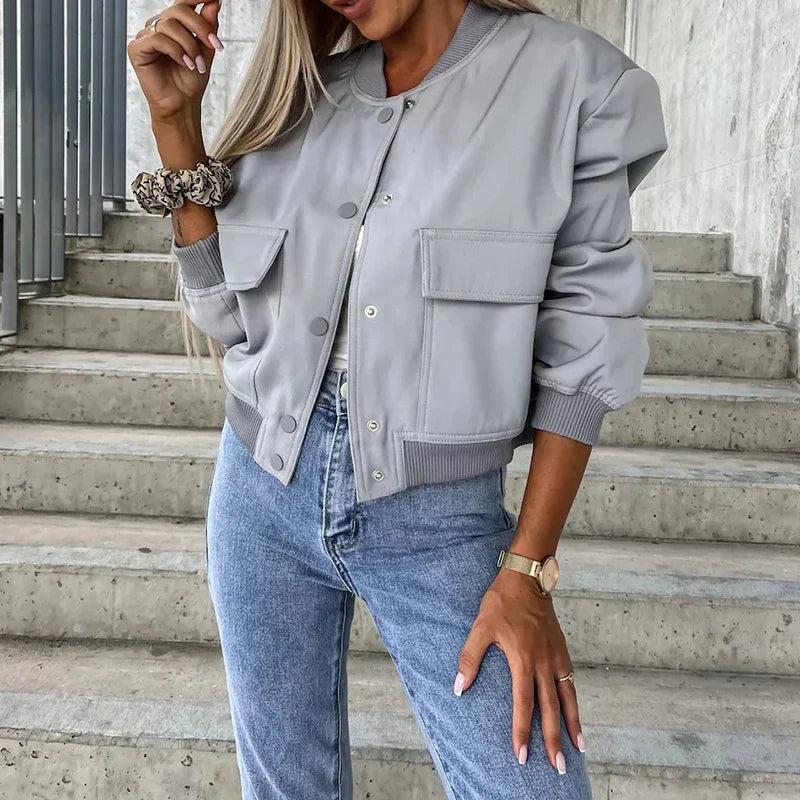 Damen-Bomberjacke mit Knopfverschluss und Brusttaschen