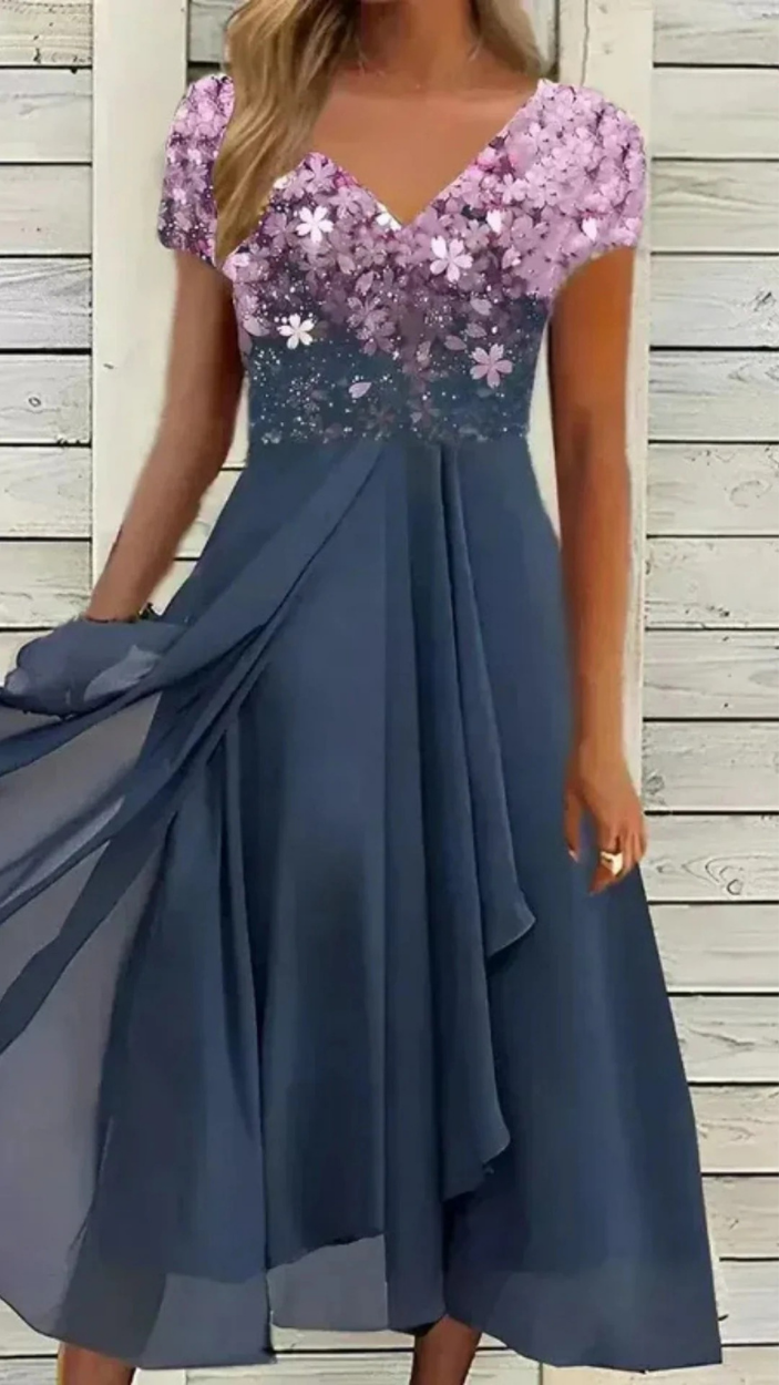 Damen Cocktail Abendkleid Midi mit V-Ausschnitt | Florales Kleid