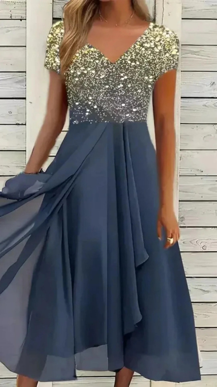 Damen Cocktail Abendkleid Midi mit V-Ausschnitt | Florales Kleid