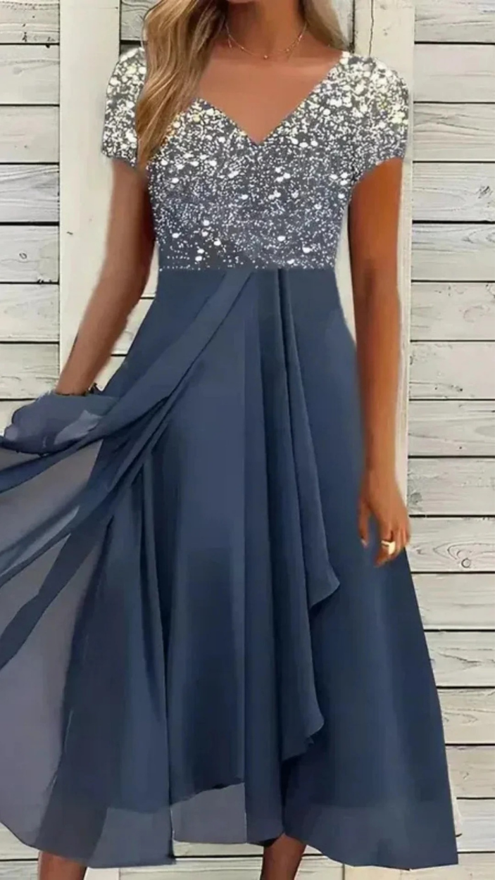 Damen Cocktail Abendkleid Midi mit V-Ausschnitt | Florales Kleid