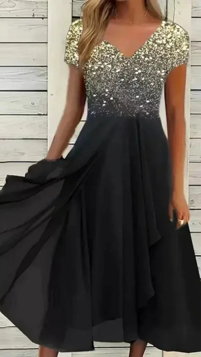 Damen Cocktail Abendkleid Midi mit V-Ausschnitt | Florales Kleid