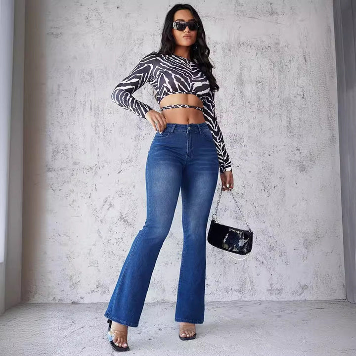 Damen Denim-Hose mit hohem Bund, ausgestelltem Bein und Taschen vorne und hinten-Women Pants-Alpenkind
