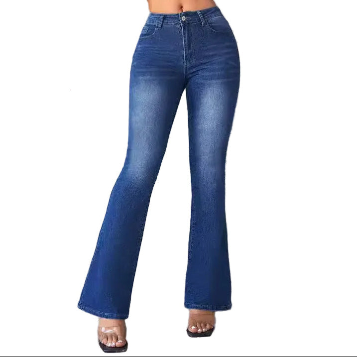 Damen Denim-Hose mit hohem Bund, ausgestelltem Bein und Taschen vorne und hinten-Women Pants-Alpenkind