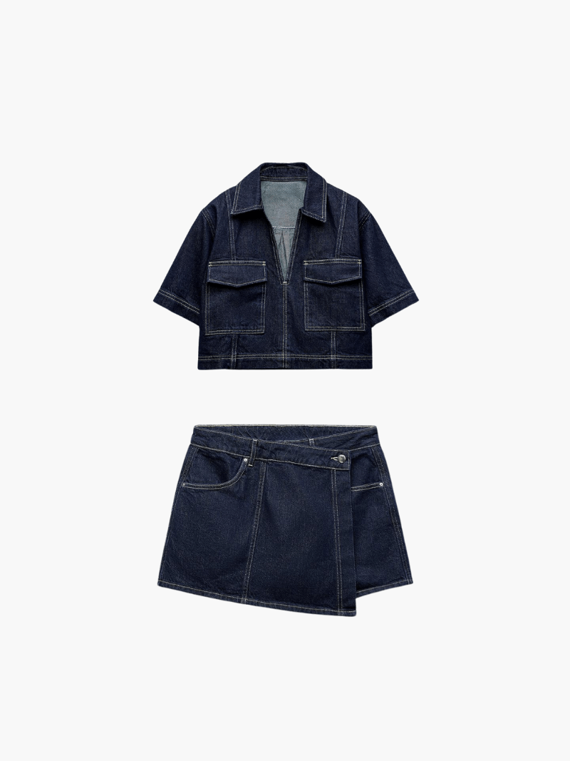 Damen Denim-Set mit Kurzarm-Jacke V-Ausschnitt Brusttaschen und Skort mit Knopfverschluss