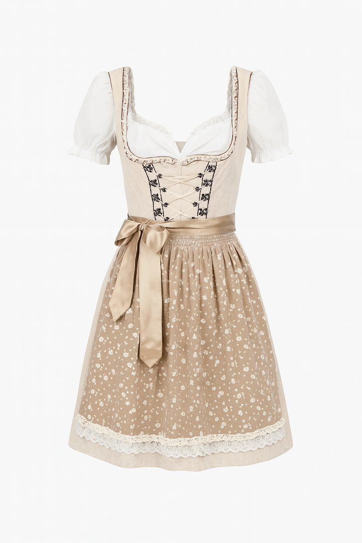 Damen Dirndl Kleid mit Puffärmeln Schnürmieder Blumenmuster und Satinschleife
