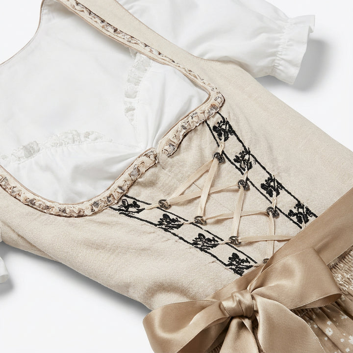 Damen Dirndl Kleid mit Puffärmeln Schnürmieder Blumenmuster und Satinschleife
