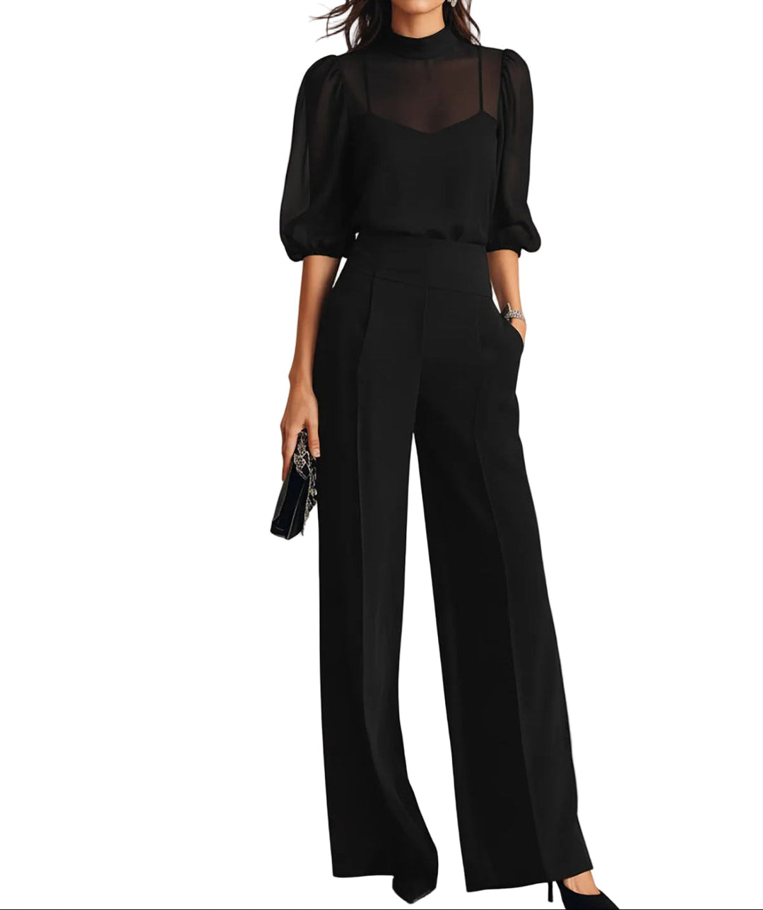Damen Dreiteiliges Set mit Transparentem Oberteil und Weiter Hose-Women Set-Alpenkind