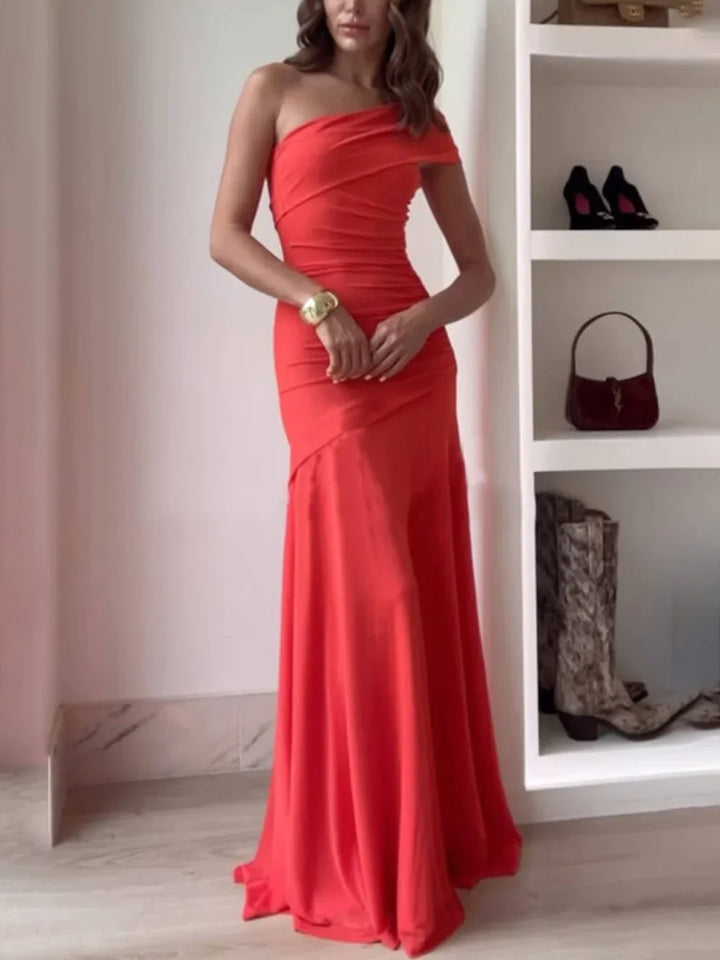 Damen Ein-Schulter Maxikleid mit gerafftem Oberteil und ausgestelltem Rockteil