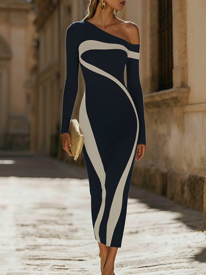 Damen Ein-Schulter Strickkleid in Midilänge mit Formgebenden Einsätzen-Midi Dress-Alpenkind