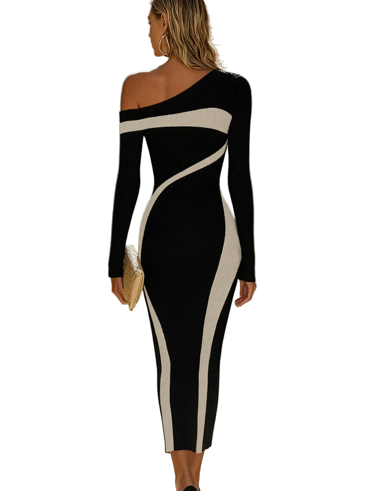 Damen Ein-Schulter Strickkleid in Midilänge mit Formgebenden Einsätzen-Midi Dress-Alpenkind