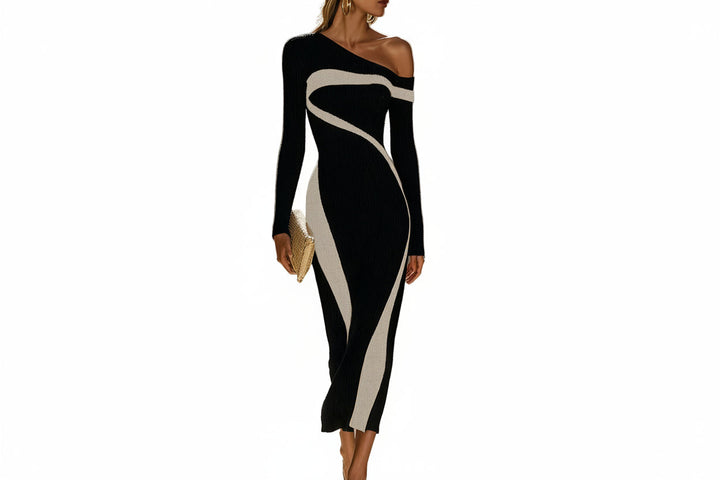 Damen Ein-Schulter Strickkleid in Midilänge mit Formgebenden Einsätzen-Midi Dress-Alpenkind