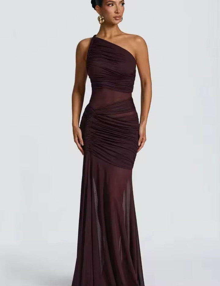 Damen Einschulter Maxikleid mit geraffter Oberfläche und durchsichtigen Einsätzen mit ausgestelltem Saum