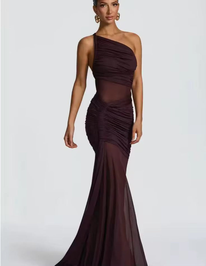Damen Einschulter Maxikleid mit geraffter Oberfläche und durchsichtigen Einsätzen mit ausgestelltem Saum