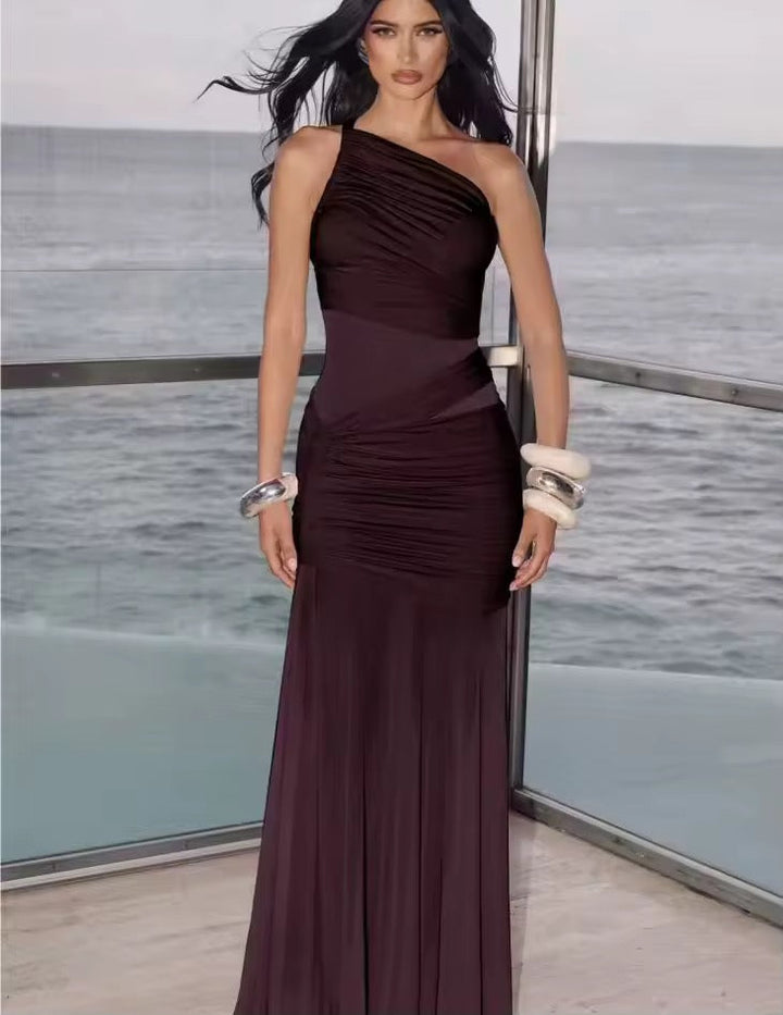 Damen Einschulter Maxikleid mit geraffter Oberfläche und durchsichtigen Einsätzen mit ausgestelltem Saum