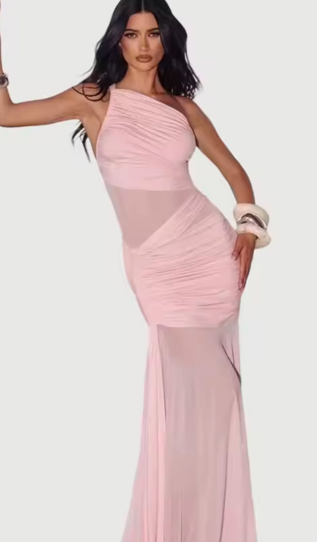 Damen Einschulter Maxikleid mit geraffter Oberfläche und durchsichtigen Einsätzen mit ausgestelltem Saum
