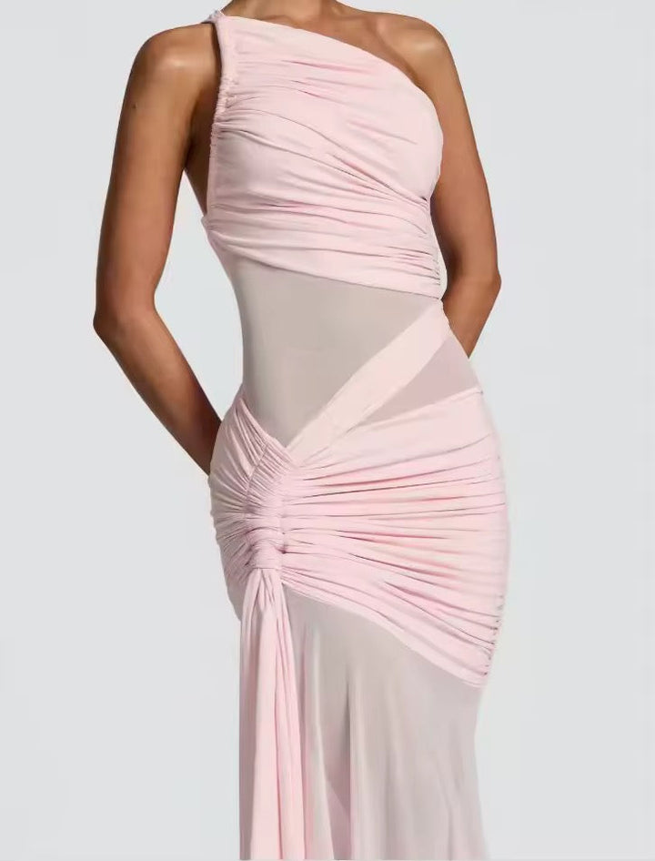 Damen Einschulter Maxikleid mit geraffter Oberfläche und durchsichtigen Einsätzen mit ausgestelltem Saum