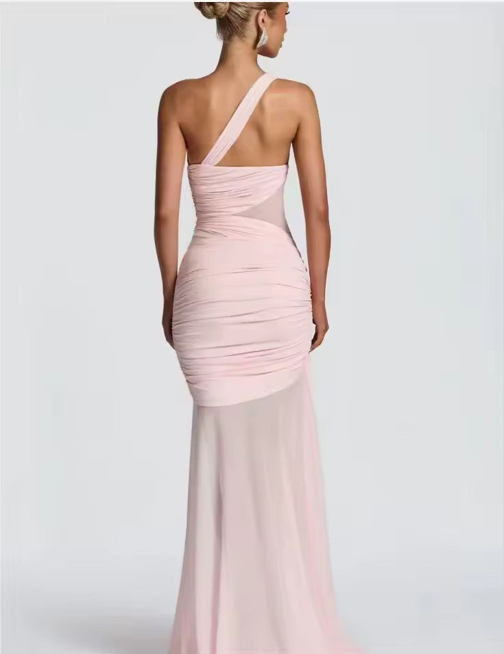 Damen Einschulter Maxikleid mit geraffter Oberfläche und durchsichtigen Einsätzen mit ausgestelltem Saum