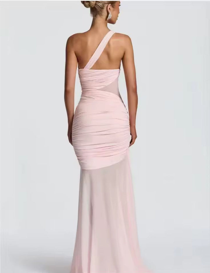 Damen Einschulter Maxikleid mit geraffter Oberfläche und durchsichtigen Einsätzen mit ausgestelltem Saum