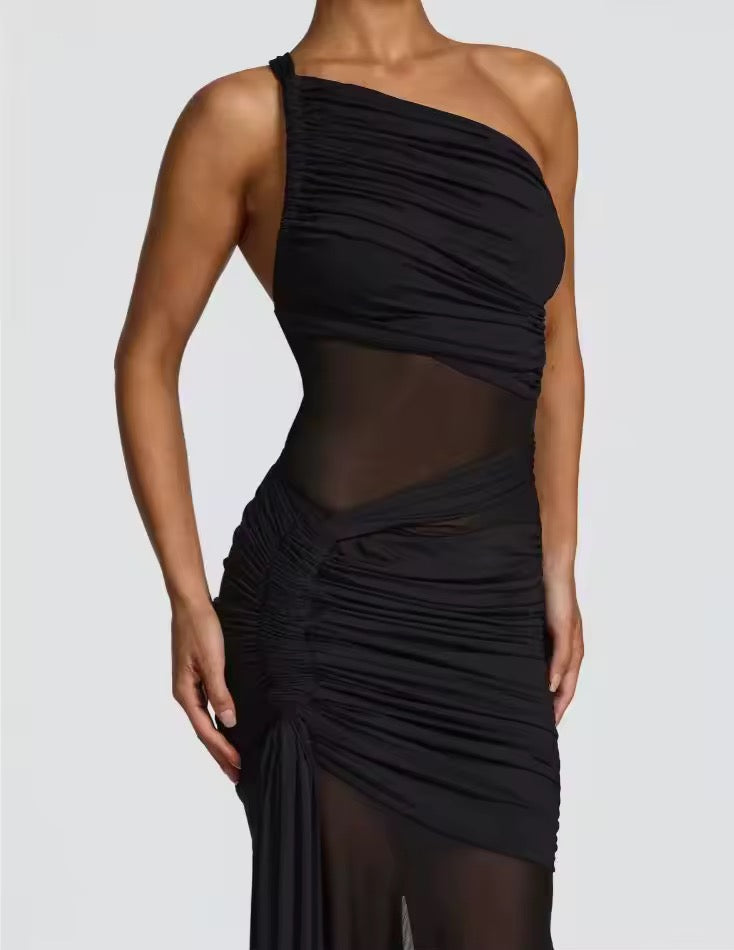Damen Einschulter Maxikleid mit geraffter Oberfläche und durchsichtigen Einsätzen mit ausgestelltem Saum