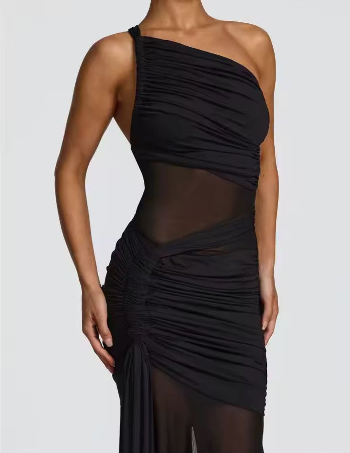 Damen Einschulter Maxikleid mit geraffter Oberfläche und durchsichtigen Einsätzen mit ausgestelltem Saum