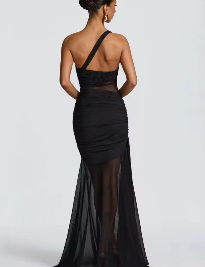 Damen Einschulter Maxikleid mit geraffter Oberfläche und durchsichtigen Einsätzen mit ausgestelltem Saum