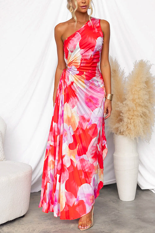 Damen Einschulter-Maxikleid mit Plissee und Asymmetrischem Saum