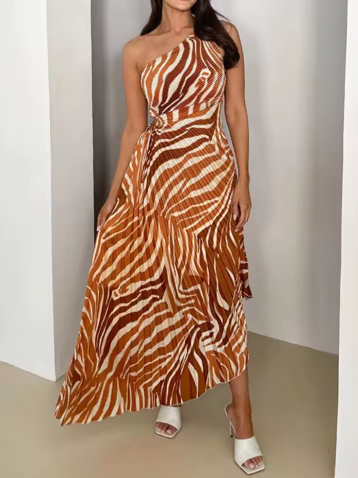 Damen Einschulter-Maxikleid mit Plissee und Asymmetrischem Saum