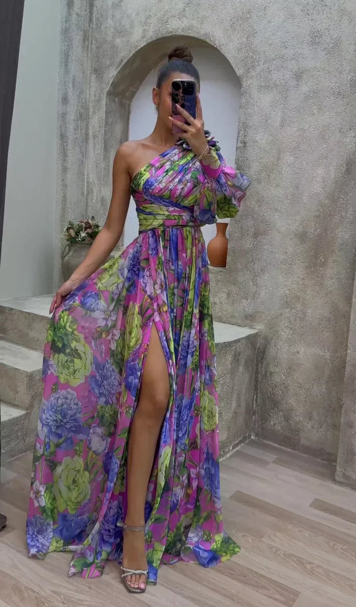 Damen Einschulter-Maxikleid mit Puffärmel und Seitenschlitz mit Blumenmuster