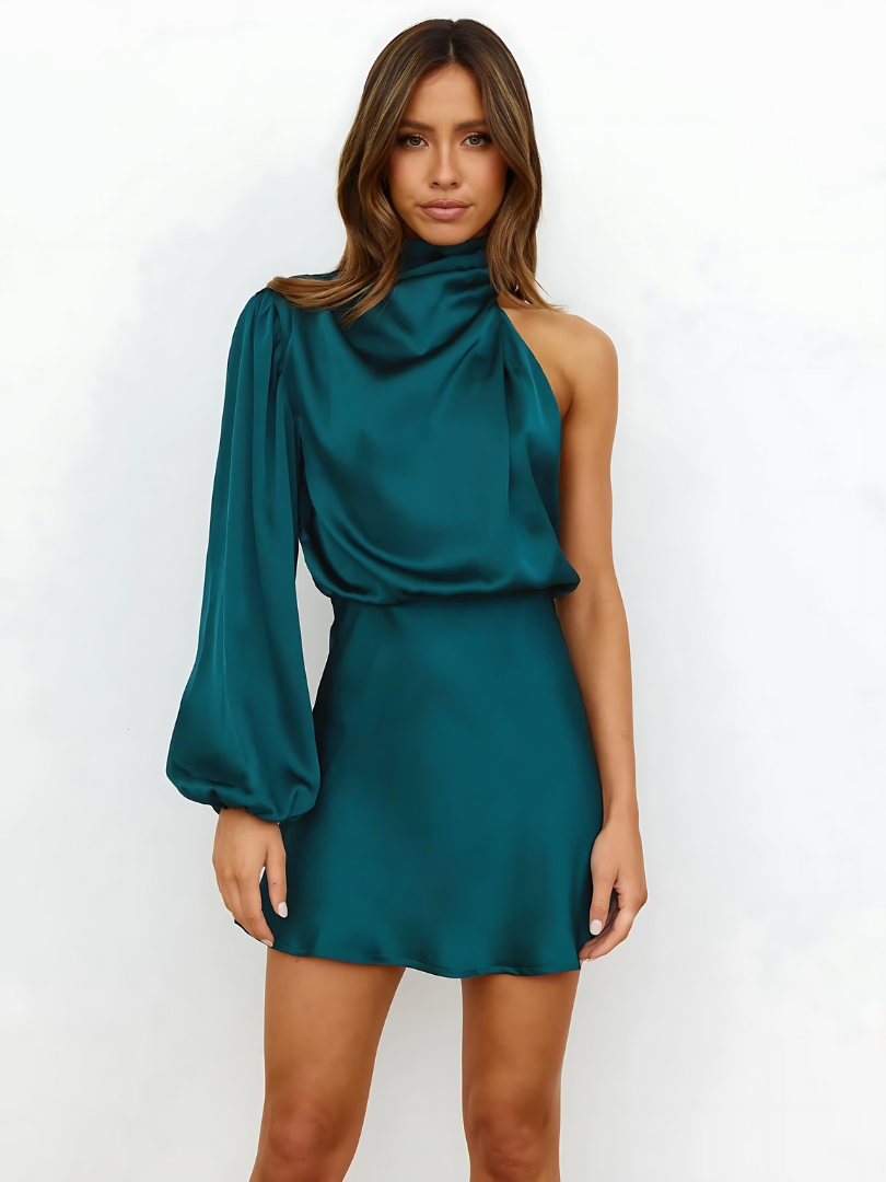 Damen Einschulter-Minikleid mit Langarm und Drapiertem Ausschnitt